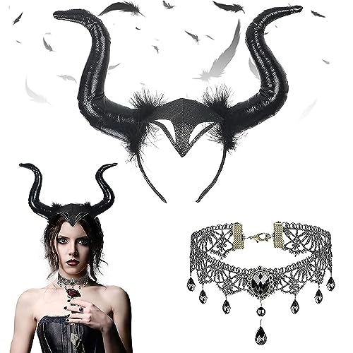 Halloween Demonio Cuernos, Diadema de Cuerno Negro, Halloween cuernos malefica, cuerno de bruja malvado, Diadema Cuernos Con Accesorios de Encaje Gótico, Halloween Cosplay Diadema Cuernos Malefica