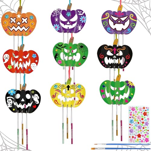 Halloween DIY Campana De Viento, 9 Piezas Halloween Madera Manualidades, Halloween Campana de Viento de Graffiti, Halloween Colgante Carillón De Viento, para Halloween Actividad Manual (Calabaza)