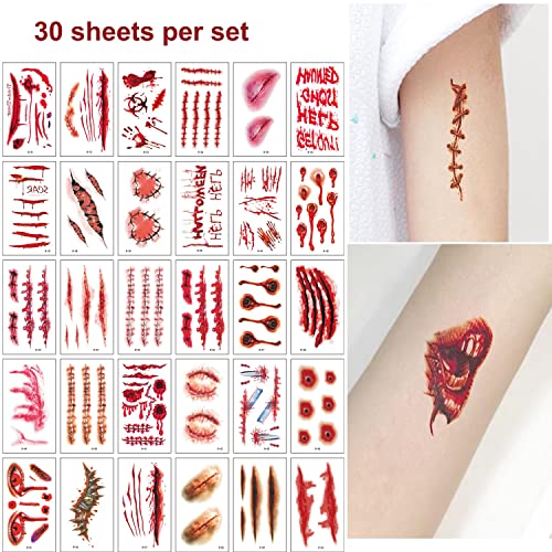 Halloween Zombie Cicatrices Tatuajes Pegatinas,30 Hojas Tatuaje Cicatrices Herida Sangre Pegatinas,Realista Horror Tatuaje temporal,para el Partido de Halloween Prop y Cosplay