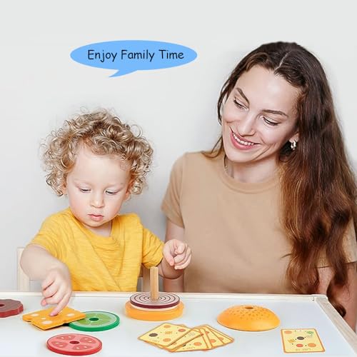 Hamburguesa de Madera Apilar Juguetes, Cocina Juguete Madera Pan Apilamiento Puzzle Juegos Educativos Niños Juguete Comida Accesorios Regalos para Niño y Niña 2+ Años (Hamburguesa)