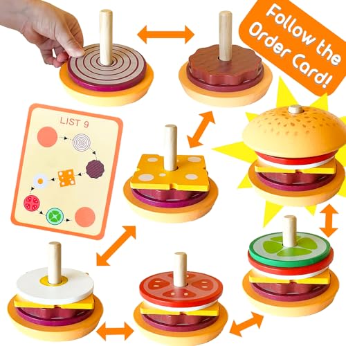 Hamburguesa de Madera Apilar Juguetes, Cocina Juguete Madera Pan Apilamiento Puzzle Juegos Educativos Niños Juguete Comida Accesorios Regalos para Niño y Niña 2+ Años (Hamburguesa)