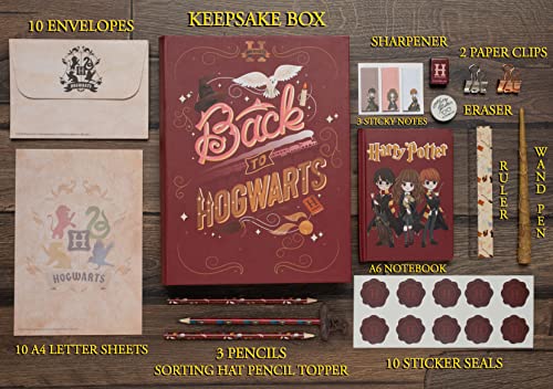 Harry Potter Set de Papelería, Juego Escritura Hogwarts, Incluye Cuaderno, Sobres, Papel, Pegatinas, Bolígrafo Varita, Clips, Goma, Sacapuntas, Caja, Regalos Harry Potter Niños y Adolescentes