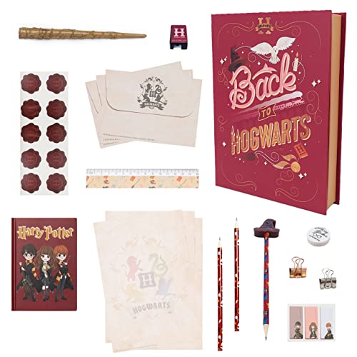 Harry Potter Set de Papelería, Juego Escritura Hogwarts, Incluye Cuaderno, Sobres, Papel, Pegatinas, Bolígrafo Varita, Clips, Goma, Sacapuntas, Caja, Regalos Harry Potter Niños y Adolescentes