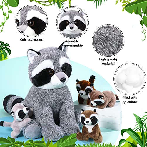 Harrycle Set de 5 Mapaches de Peluche Suaves, 32 cm Muñeco de Mapache de Mamá Adorable con 4 Animales de Peluche de Mapache de Bebés Lindos en Su Barriguita para Niños Regalos Cumpleaños