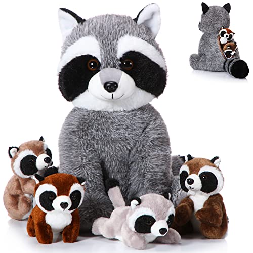 Harrycle Set de 5 Mapaches de Peluche Suaves, 32 cm Muñeco de Mapache de Mamá Adorable con 4 Animales de Peluche de Mapache de Bebés Lindos en Su Barriguita para Niños Regalos Cumpleaños