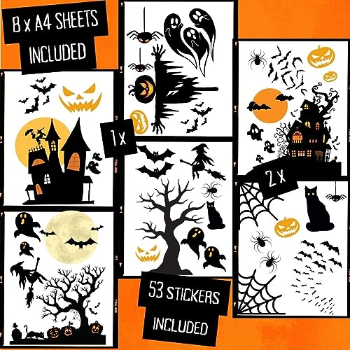 Haus Projekt Halloween Decoración 53 Uds, 8x Hojas A4, Pegatinas Halloween Decorativas, Fiesta de Halloween, Pegatinas de Murciélago Fantasma Gato Casa Encantada Araña Bruja