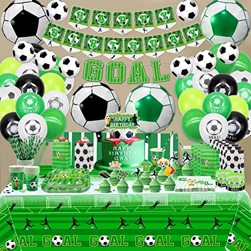 Hegbolke Fußball-Geburtstag Party Supplies - einschließlich Happy Birthday Banner, Fußball Gunst Taschen, Fußball-Silikon-Armbänder, Teller, Tassen, Servietten, Tischdecke, Luftballons - serviert 20