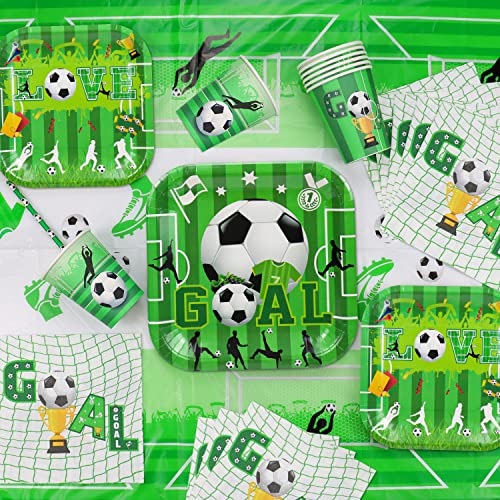 Hegbolke Fußball-Geburtstag Party Supplies - einschließlich Happy Birthday Banner, Fußball Gunst Taschen, Fußball-Silikon-Armbänder, Teller, Tassen, Servietten, Tischdecke, Luftballons - serviert 20