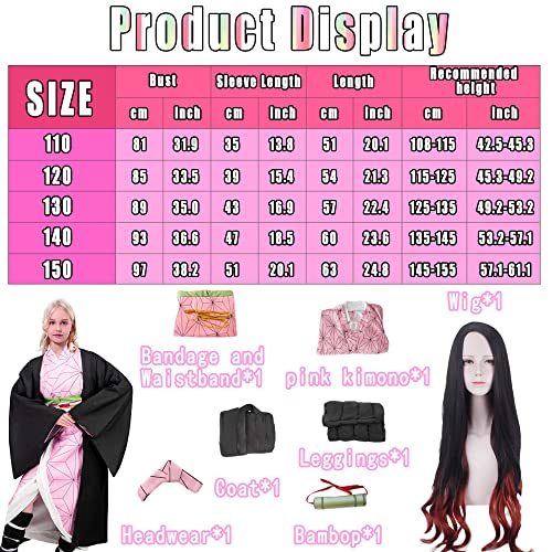 Heionia 9PCS Nezuko Kamado Cosplay Disfraz Kimono Pelucas Nezuko Demon Anime Disfraces Costume Niñas para Carnaval Halloween Fiestas (140)