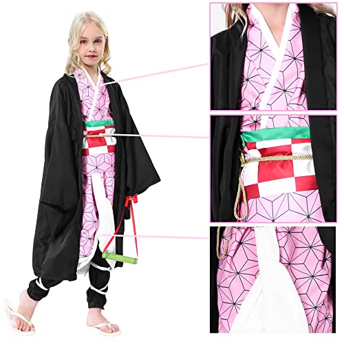 Heionia 9PCS Nezuko Kamado Cosplay Disfraz Kimono Pelucas Nezuko Demon Anime Disfraces Costume Niñas para Carnaval Halloween Fiestas (140)