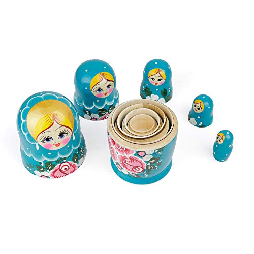 Heka Naturals Biryuzovaya Muñecas de Anidación | Set de 5 (18 cm) Muñecas de Madera Matrioska - Tradicional Babushka Decoración Hogar, Juguetes de Madera, Hechos a Mano