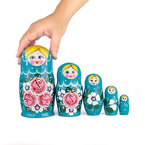 Heka Naturals Biryuzovaya Muñecas de Anidación | Set de 5 (18 cm) Muñecas de Madera Matrioska - Tradicional Babushka Decoración Hogar, Juguetes de Madera, Hechos a Mano