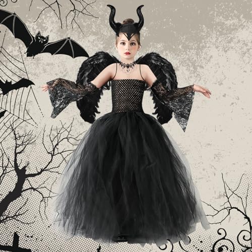 Herenear 5pcs Disfraz Malefica Niña, Juego Disfraz de Diablo, Halloween Disfraz con Cuernos Malefica, Alas Negro, Collar, Vestido de Bruja Malvada Sin Mangas para Fiestas Temáticas Carnaval Halloween