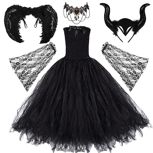 Herenear 5pcs Disfraz Malefica Niña, Juego Disfraz de Diablo, Halloween Disfraz con Cuernos Malefica, Alas Negro, Collar, Vestido de Bruja Malvada Sin Mangas para Fiestas Temáticas Carnaval Halloween