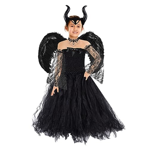 Herenear 5pcs Disfraz Malefica Niña, Juego Disfraz de Diablo, Halloween Disfraz con Cuernos Malefica, Alas Negro, Collar, Vestido de Bruja Malvada Sin Mangas para Fiestas Temáticas Carnaval Halloween