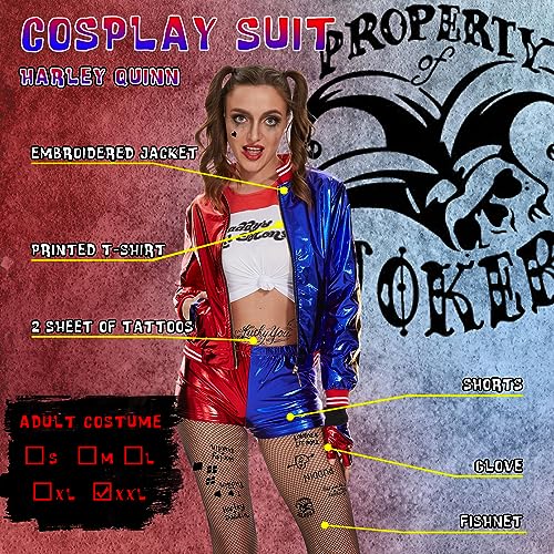 Hereneer Disfraz de Harley Quinn para Adulto, Harley Quinn para Carnaval Niña Adulto con Camiseta, Chaqueta, Pantalón, Guantes, Pegatinas, Medias de Rejilla Cosplay Quinn Disfraz Halloween (XL)