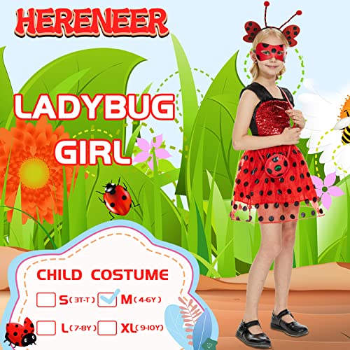 Hereneer Disfraz de Mariquita para Niña, 5 Pieza Ladybug Disfraz Vestido de Ladybug con Aretes, Bolsa de Hombro, Traje de Mariquita Vestido Lunares Rojo y Negro para Cosplay Halloween Carnaval Vestir