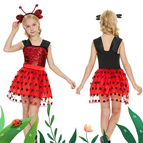 Hereneer Disfraz de Mariquita para Niña, 5 Pieza Ladybug Disfraz Vestido de Ladybug con Aretes, Bolsa de Hombro, Traje de Mariquita Vestido Lunares Rojo y Negro para Cosplay Halloween Carnaval Vestir