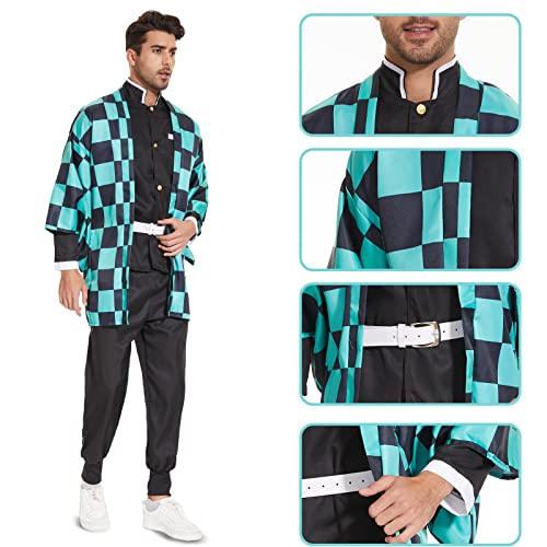 Hereneer Tanjirou Cosplay Kimono, Demon Slayer Kimono Disfraz, Cosplay Anime, Anime Robe Cape Outfits Para Carnaval Halloween Fiestas para Hombre con Pendientes Llavero (XL)