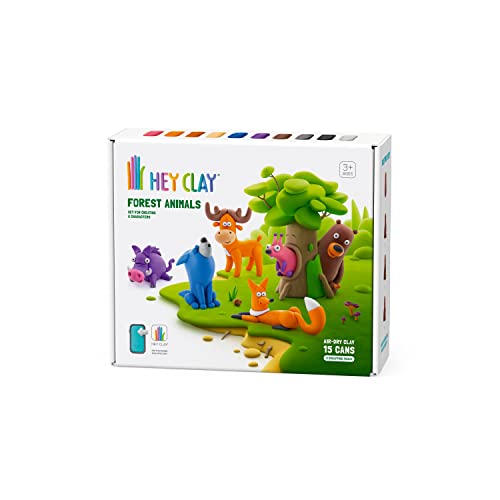 Hey Clay Juego de animales del bosque - Colorido modelado niños - Kit de arcilla seca al aire 15 latas y herramientas de escultura con divertida aplicación de instrucciones interactivas