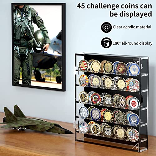 HHUXIUE Vitrina de pared para monedas de desafío, soporte de monedas de desafío militar acrílico con estantes extraíbles y puerta magnética, caja de monedas para 45 medallas militares,Transparente