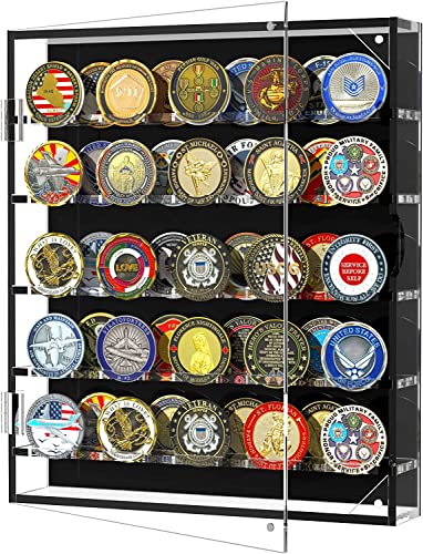 HHUXIUE Vitrina de pared para monedas de desafío, soporte de monedas de desafío militar acrílico con estantes extraíbles y puerta magnética, caja de monedas para 45 medallas militares,Transparente