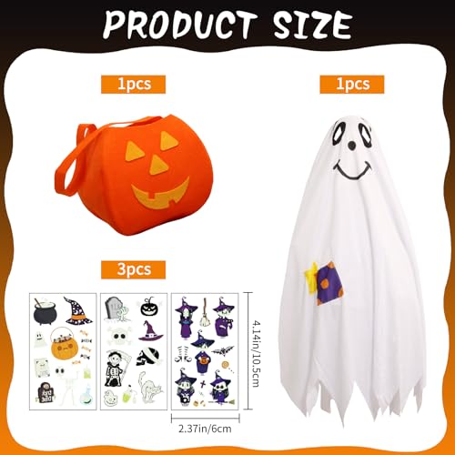 HIQE-FL Disfraz de Fantasma Niño,Disfraz de Halloween Ghost blanco capa con capucha,Disfraz de Fantasma para Niños Pequeños con Cubo de Calabaza,para halloween, carnaval y cumpleaños