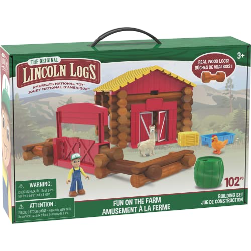 Hogdseirrs Lincoln Logs Fun On The Farm Troncos de Madera Real - 102 Piezas - Edades 3 y más