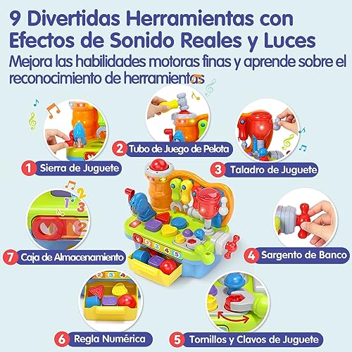 HOLA Banco de Trabajo Juguetes Niños 1 Año 2 Años, Banco de Herramientas Juguete Multifuncional con Música y Luz Juego de Desarrollo y Aprendizaje Temprano Regalo para Niños Niñas 1 2 3 Años