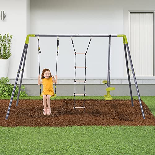 HOMCOM 3 en 1 Columpio de Metal para Niños +3 Años con Columpio Balancín y Escalera de Escalada Carga 50 kg para Jardín Patio Terraza 295x138x175 cm Verde y Gris