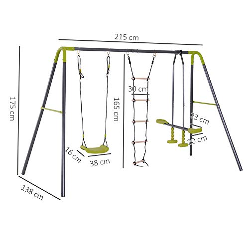 HOMCOM 3 en 1 Columpio de Metal para Niños +3 Años con Columpio Balancín y Escalera de Escalada Carga 50 kg para Jardín Patio Terraza 295x138x175 cm Verde y Gris