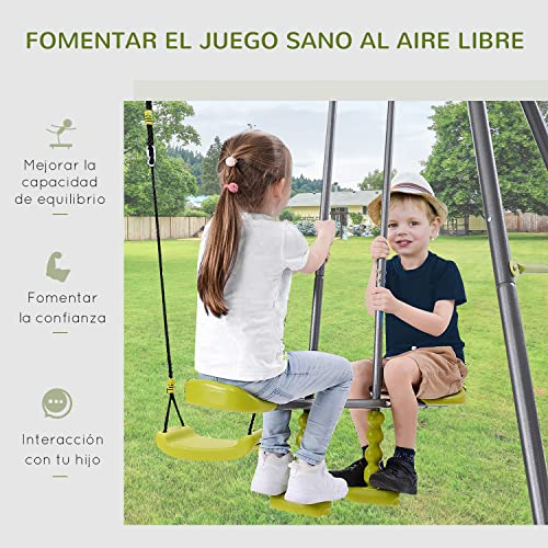 HOMCOM 3 en 1 Columpio de Metal para Niños +3 Años con Columpio Balancín y Escalera de Escalada Carga 50 kg para Jardín Patio Terraza 295x138x175 cm Verde y Gris