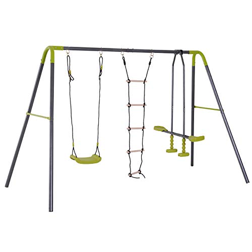 HOMCOM 3 en 1 Columpio de Metal para Niños +3 Años con Columpio Balancín y Escalera de Escalada Carga 50 kg para Jardín Patio Terraza 295x138x175 cm Verde y Gris