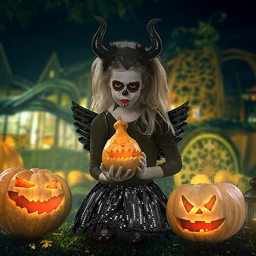 HONMOK 3pcs Disfraz de diablo para niños Disfraz de Maléfica fantasía vampira Diadema de cuerno negro Tutú lentejuelas Encaje Ala de ángel Juego de cosplay Halloween Carnaval Fiesta de Disfraz rol