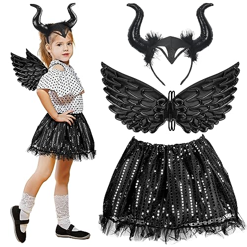 HONMOK 3pcs Disfraz de diablo para niños Disfraz de Maléfica fantasía vampira Diadema de cuerno negro Tutú lentejuelas Encaje Ala de ángel Juego de cosplay Halloween Carnaval Fiesta de Disfraz rol