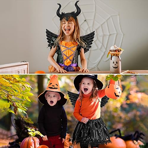 HONMOK 3pcs Disfraz de diablo para niños Disfraz de Maléfica fantasía vampira Diadema de cuerno negro Tutú lentejuelas Encaje Ala de ángel Juego de cosplay Halloween Carnaval Fiesta de Disfraz rol