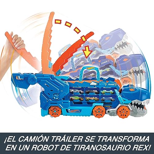 Hot Wheels City Camión T-Rex definitivo Dinosaurio transporte y pista para coches de juguete, incluye 2 vehículos, +4 años (Mattel HNG50)