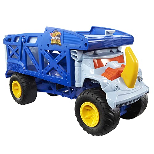 Hot Wheels Monster Trucks Rino Camión de transporte de coches de juguete con pista, regalo para niños y niñas +3 años (Mattel HFB13)