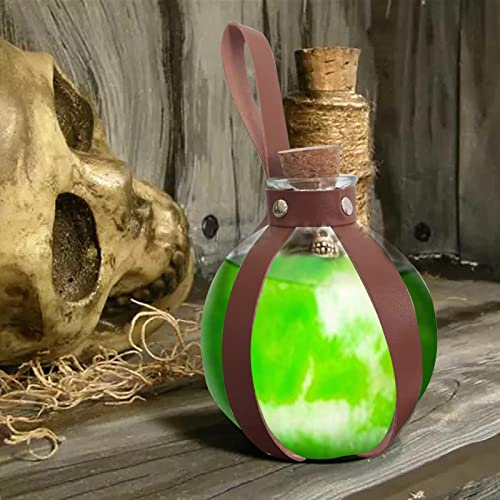 Houssem poción mágica Oscura,Botellas Cristal esféricas Mago Transparente con cinturón Cuero Medieval - Accesorio Disfraz poción Corcho mágico Oscuro Bruja