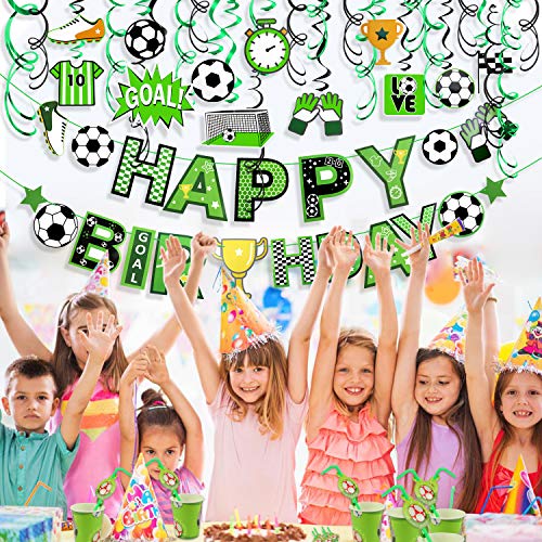 HOWAF Football Themed Birthday Party Decorations for Boys Kids, Football Happy Birthday Banners and 24pcs Football Hanging Swirl Decoration for Children Boys Football Fans Birthday Party Supplies