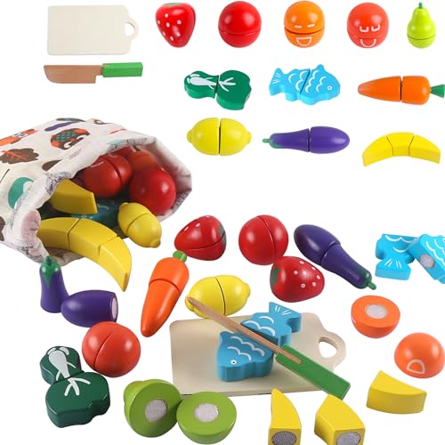 huruirui Juguetes de Madera,Frutas y Verduras Juguetes 2-3Años Cocinita Infantil Comida Juguete Juegos Educativos Madera Cocina Juguete Accesorios Regali di Compleanno di Natale per Bambini