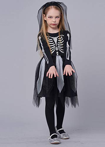 IKALI Disfraces Esqueleto Niña, Niños Aterrador Halloween Vestido, Zombie Ropa para Carnaval Partido, Dia de los Muertos