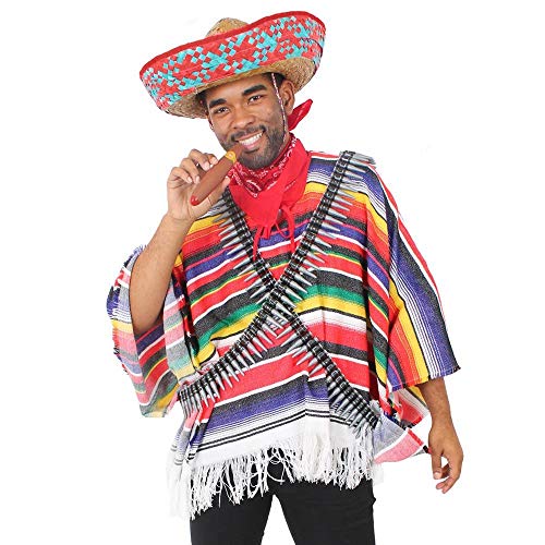 ILOVEFANCYDRESS Disfraz DE Bandido Mexicano para Adultos con Sombrero Rojo, Poncho, Cinturon DE Balas, Bigote Y CIGARRO