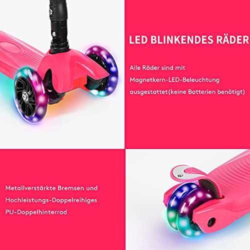 IMMEK Patinete Niño Plegable 3 Ruedas Scooter para 3 a 14 Años de Niño y Niña Juguetes y Regalos, Ajustable Altura con Tres Luz LED Luces Iluminadas Rueda Monopatin Carga Máxima 50 KG (Rojo)