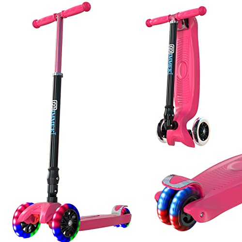 IMMEK Patinete Niño Plegable 3 Ruedas Scooter para 3 a 14 Años de Niño y Niña Juguetes y Regalos, Ajustable Altura con Tres Luz LED Luces Iluminadas Rueda Monopatin Carga Máxima 50 KG (Rojo)