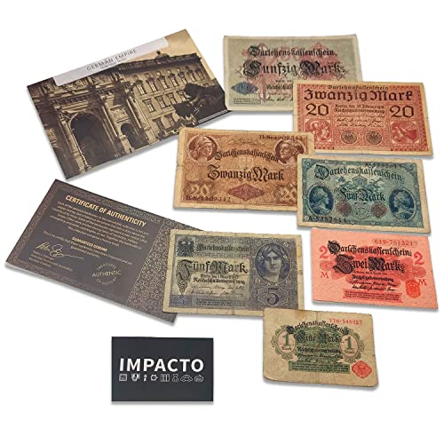 IMPACTO COLECCIONABLES Colección del Imperio Alemán de la Primera Guerra Mundial - 7 Billetes emitidos de 1914 a 1918. Incluye Certificado de autenticidad