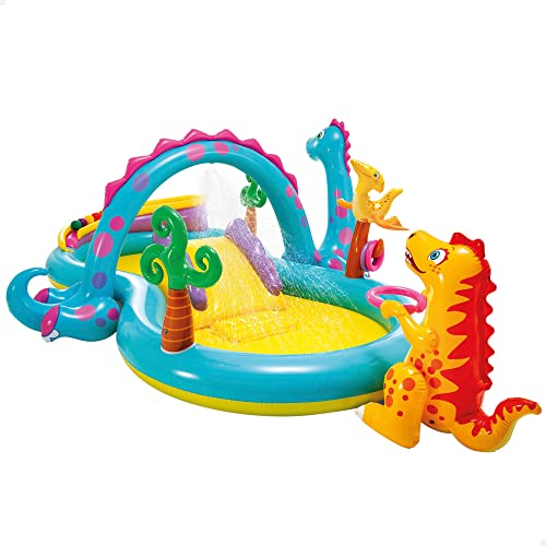 Intex Centro Juegos Hinchable Dinos, 333 x 229 x 112 cm, 280 l, 57135 & 66634 - Inflador eléctrico con adaptadores 220-240V, Color Amarillo