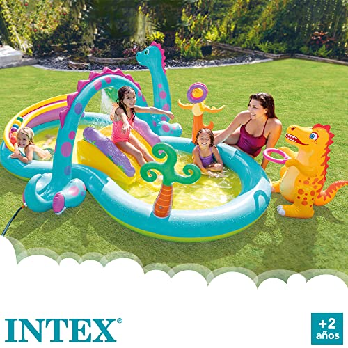 Intex Centro Juegos Hinchable Dinos, 333 x 229 x 112 cm, 280 l, 57135 & 66634 - Inflador eléctrico con adaptadores 220-240V, Color Amarillo