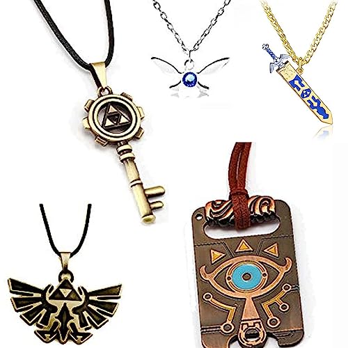 iTopCat Juego de 5 collares con colgante de la leyenda de Zelda, espada maestra, trifuerza, escudo hiliano, máscara de Majoras, collar de ojo de Sheikah, regalo, Zinc