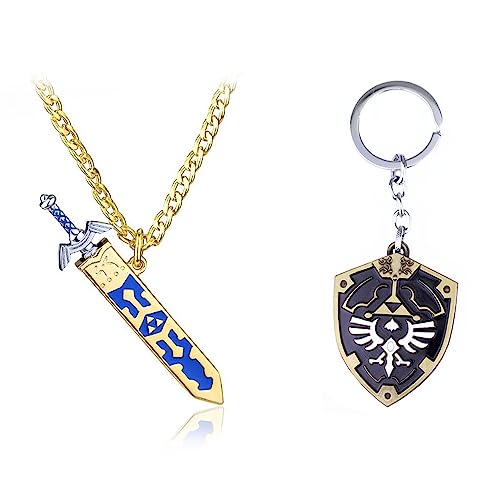 iTopCat Zelda Hylian Shield & Master Sword - Juego de llavero y collar para cumpleaños, Halloween, Navidad, regalo, Zinc